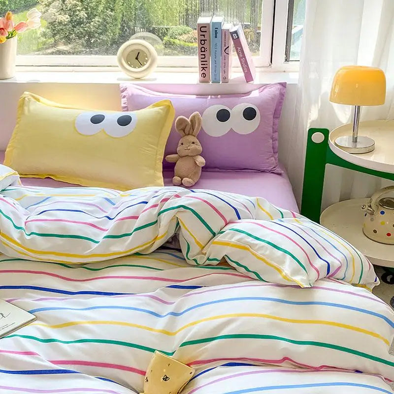 New Cartoon Striped Printed Bedding Sets Aloe Cotton Skin Friendly Breathable Comforter Cover Set Twin Double Size Bed Linens