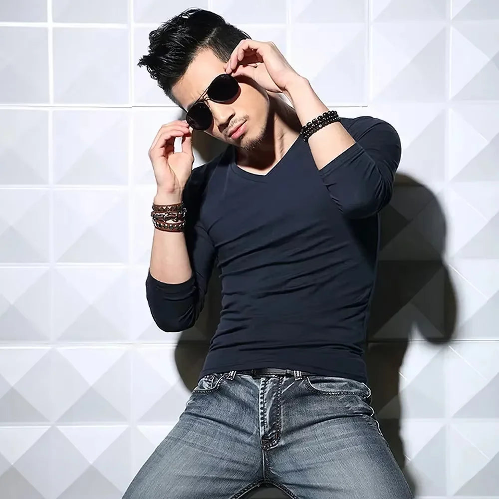 Men's T-Shirts Long Sleeve V Neck T Shirt 2025 MRMT Men Polyester T-Shirt Solid Color Slim Tight Man T Shirt For Male