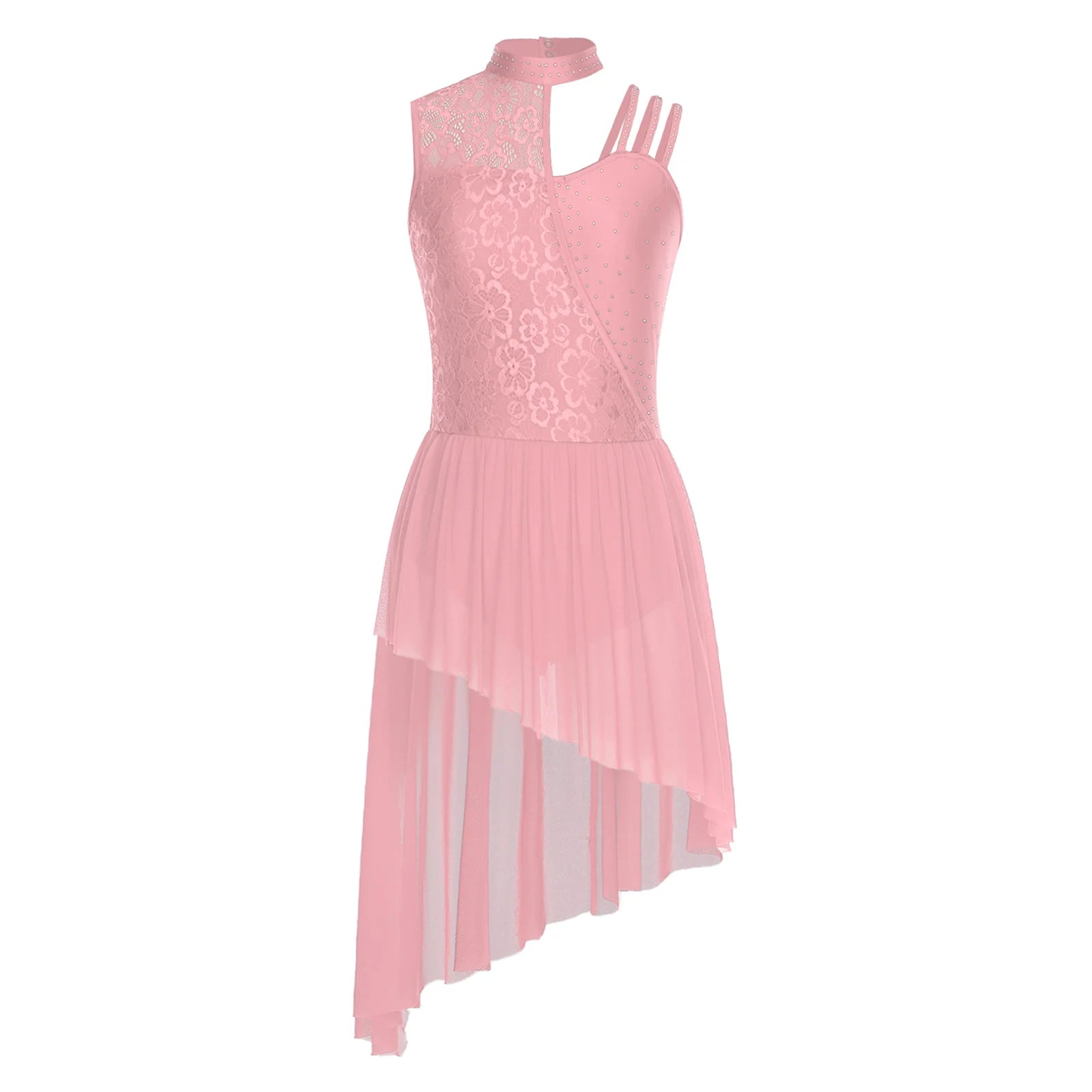 Women Modern Lyrical Dance Performance Costume Floral Lace Rhinestones Leotard Dress for Waltz Latin Cha-cha Ballet Skating