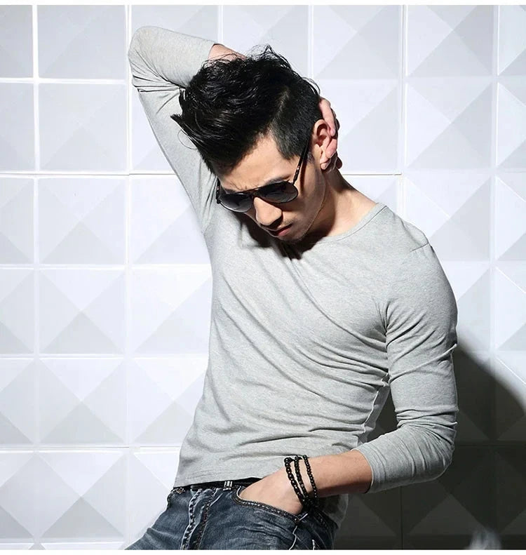 Men's T-Shirts Long Sleeve V Neck T Shirt 2025 MRMT Men Polyester T-Shirt Solid Color Slim Tight Man T Shirt For Male