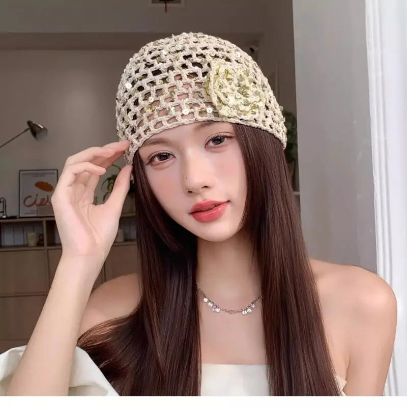 Vintage Chic Sequined Floral Cutout Beanie Ladies Spring Fall Leisure Travel Picturesque All-Around Casual Y2K Knit Beanies
