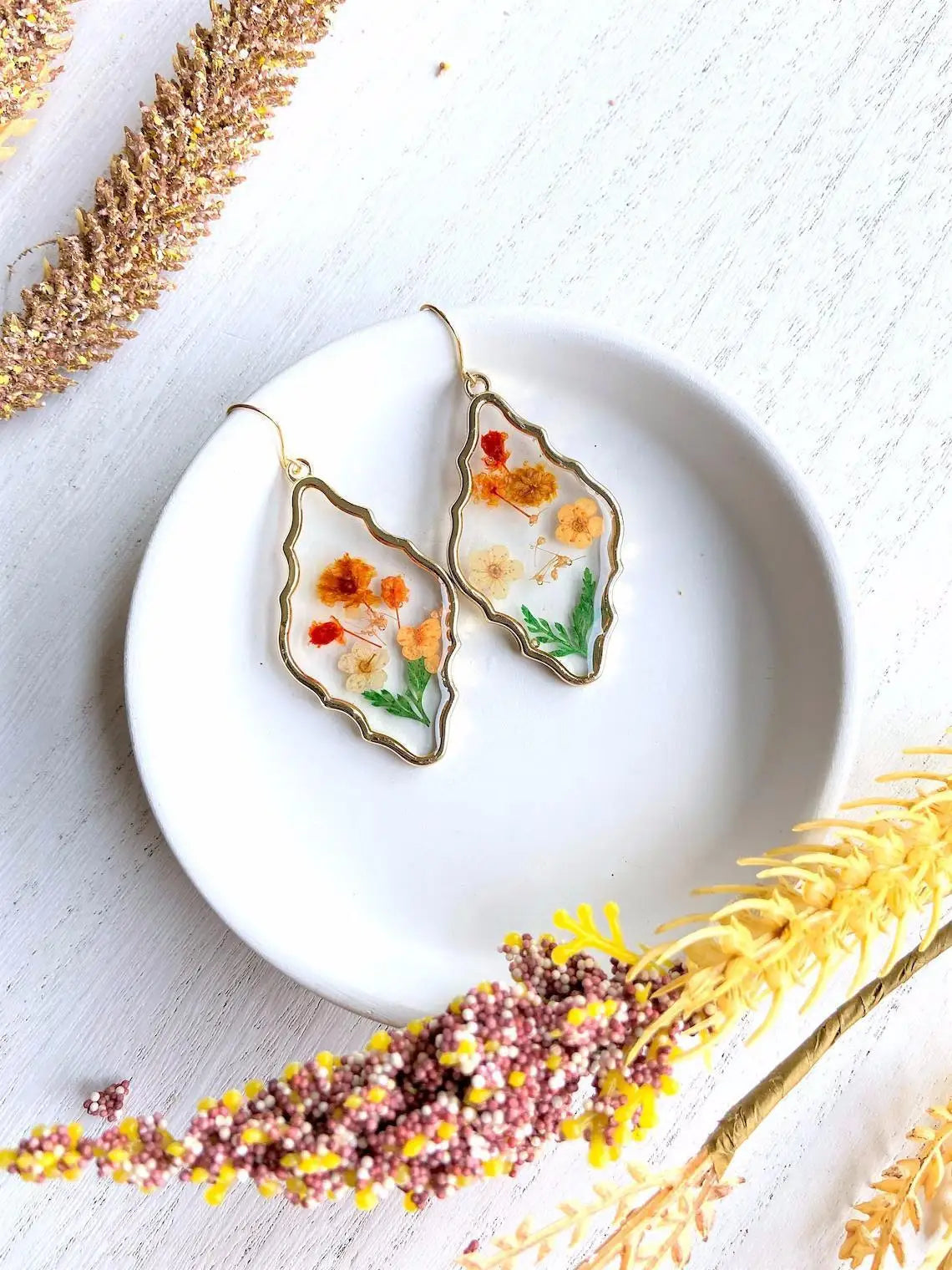Dried flower earrings, Bohemian jewelry, retro, geometric, plant, resin, leaf, natural, Gift, ear hooks For Women Girls