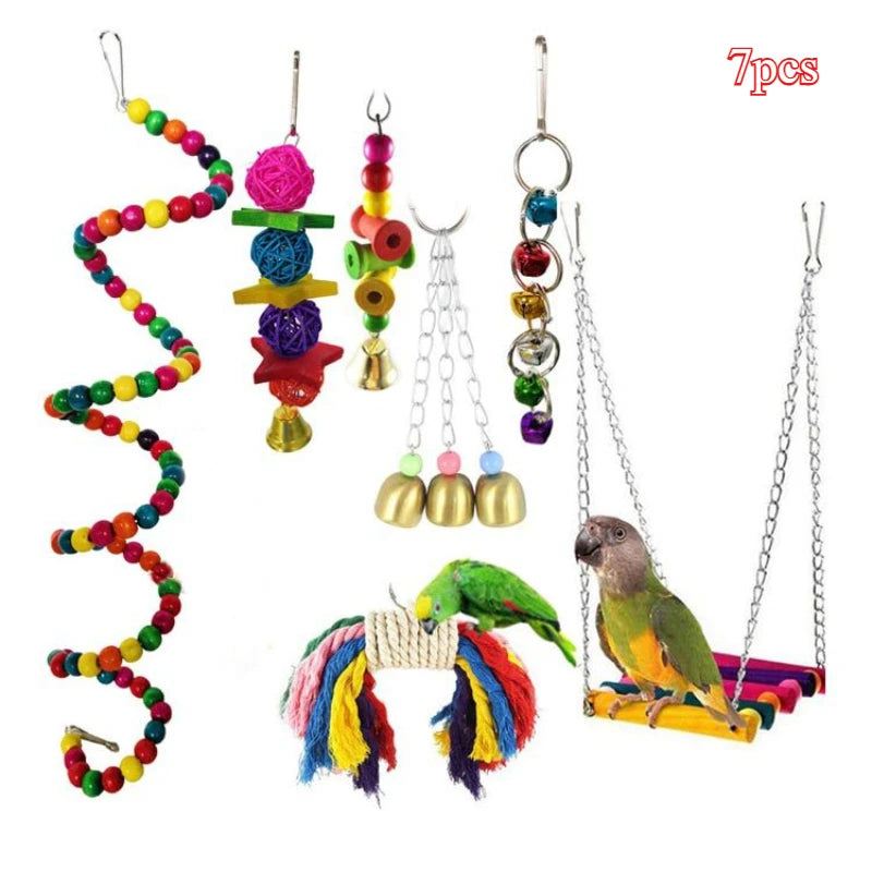 Bird Toy Wood Parrot Toys Set Cage Bird Accessories Swing Suspension Bridge Ball Cage Bells Pet Supplies juguetes para pájaros