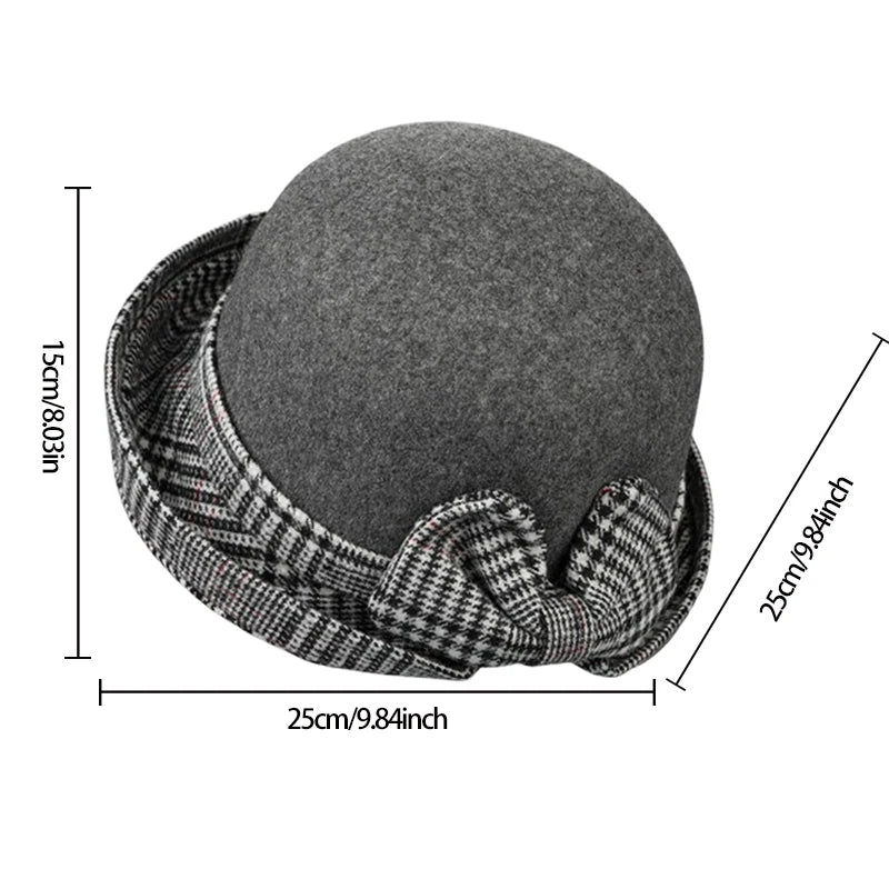 Women Felt Bowler Hats Vintage Plaid Bow Church Hats Lightweight Derby Fedora Hats