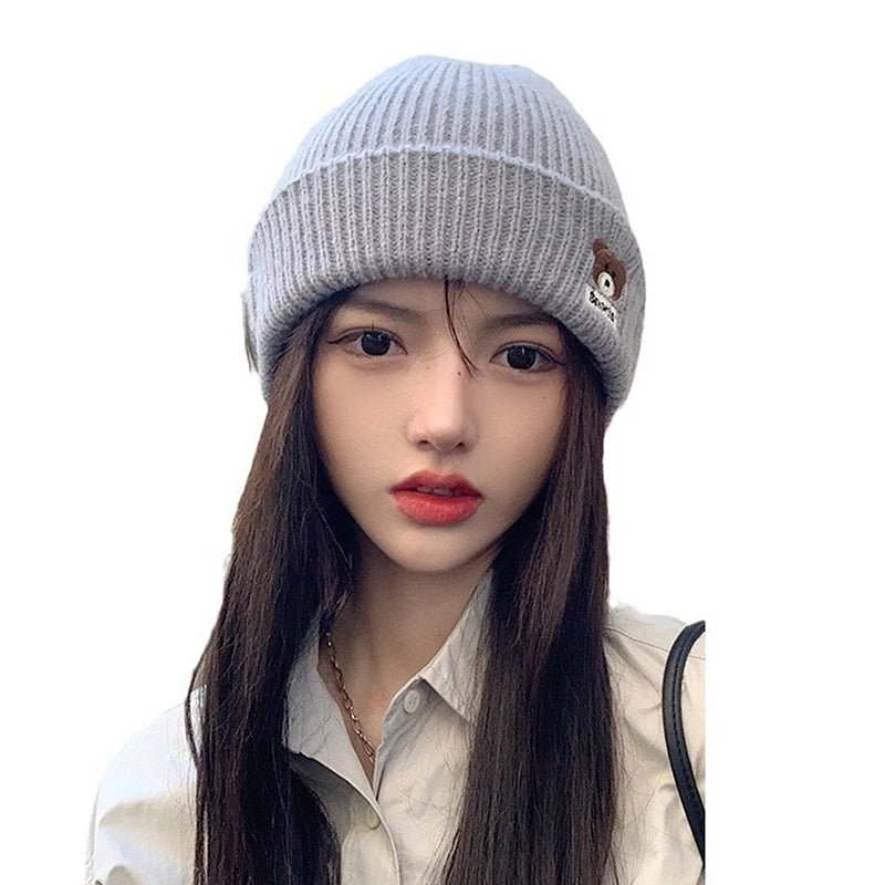 Bear Embroidery Knitted Beanies  Women Autumn Winter Warm Wool Hat Korean Girl Windproof Earmuffs Pullover Cap Bonnet〔CC55〕