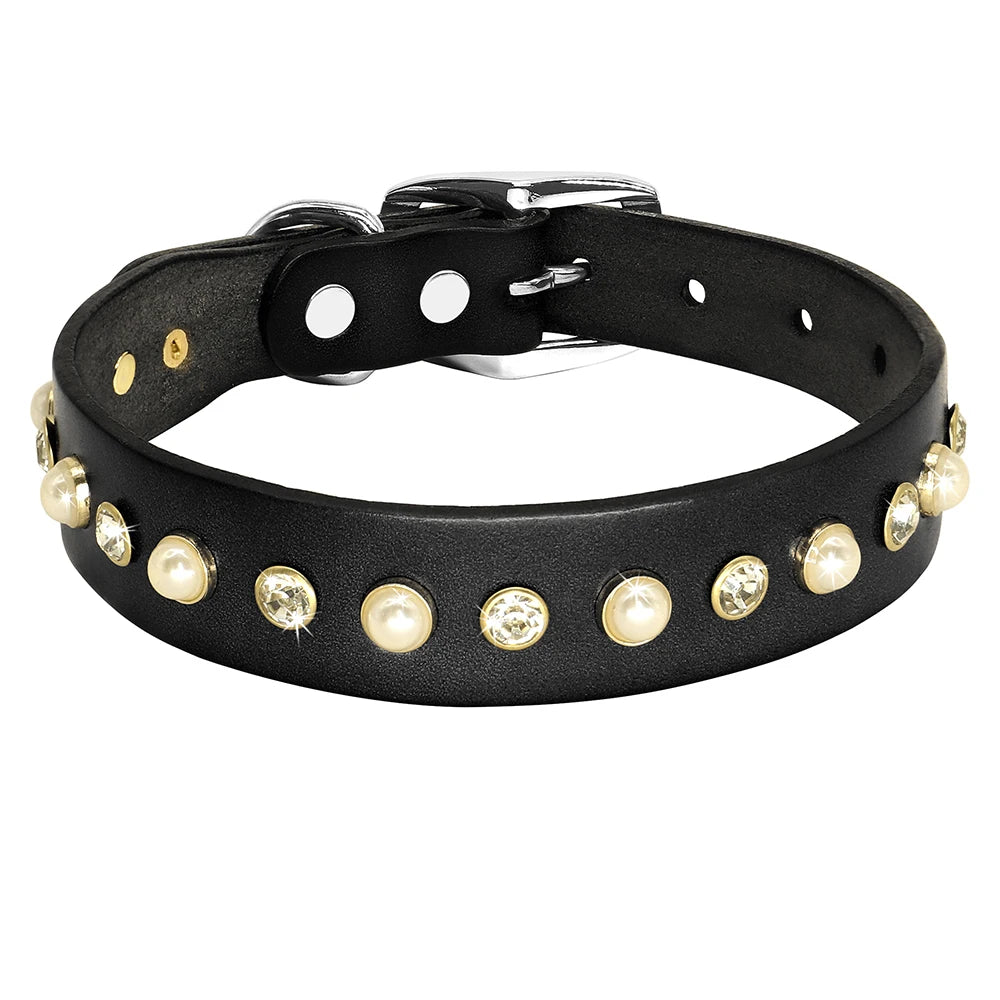 Genuine Leather Small Medium Dog Cat Collar Adjustable Rhinestone Diamond Accessories Pet Puppy Collars Leash Set For Chihuahua