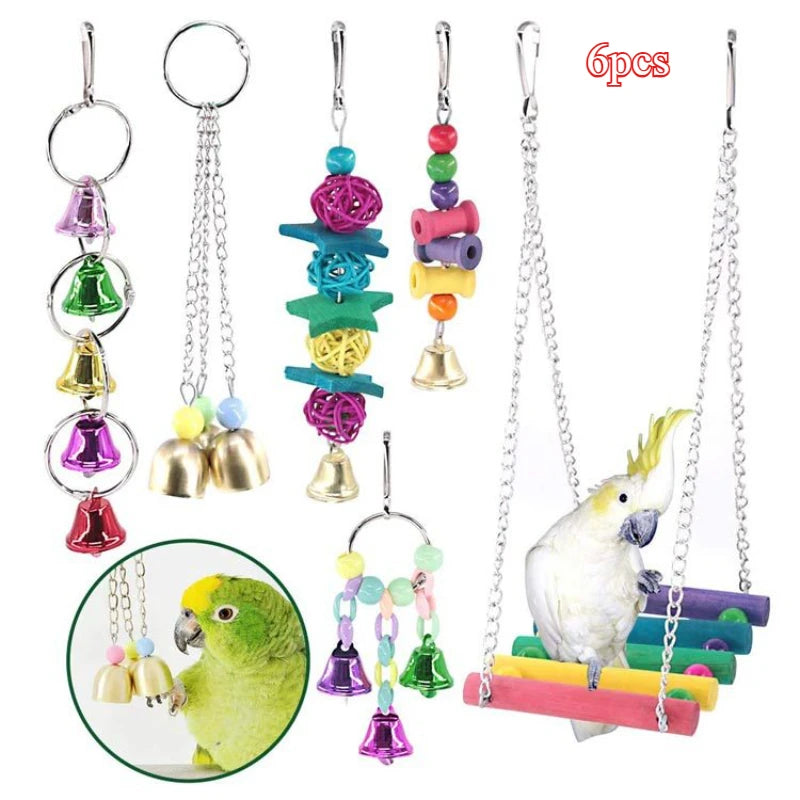 Bird Toy Wood Parrot Toys Set Cage Bird Accessories Swing Suspension Bridge Ball Cage Bells Pet Supplies juguetes para pájaros
