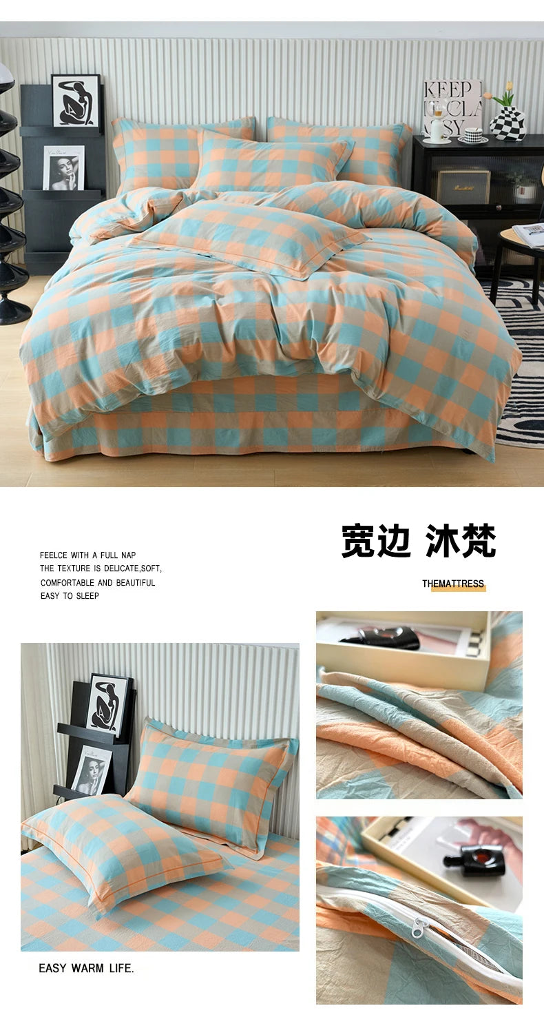 New Cotton Quilt Cover Plaid Yarn-dyed Washed Single Douvet Bed 160x210 220x240 Skin Friendly Comfortable Large Size Bedding