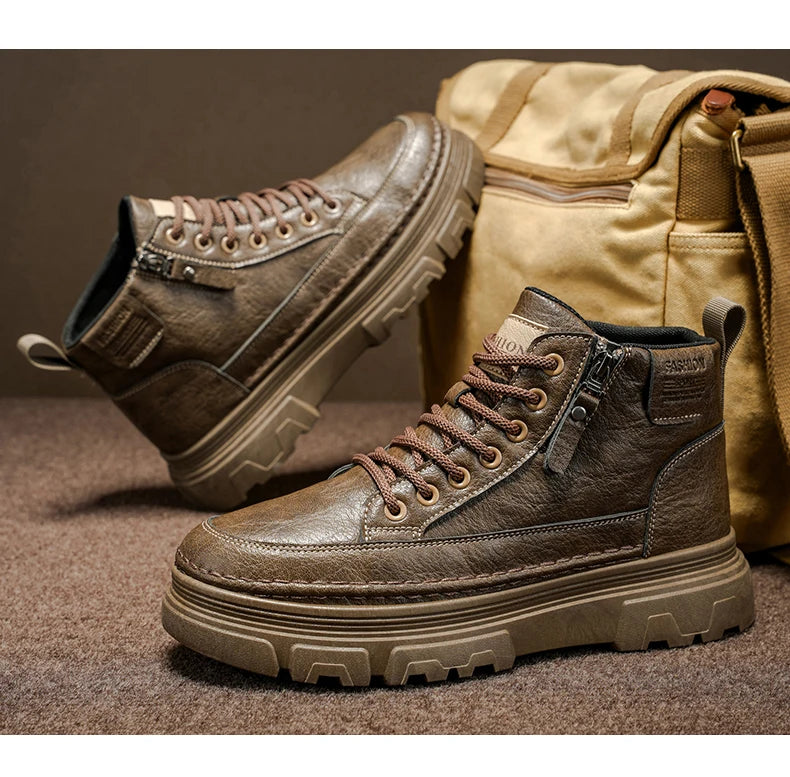 Men Boots Autumn Leather Waterproof Mid-top Sports Shoes New Fashion Ankle Boots Casual Outdoor Hiking Boots Shoes Male Sneakers