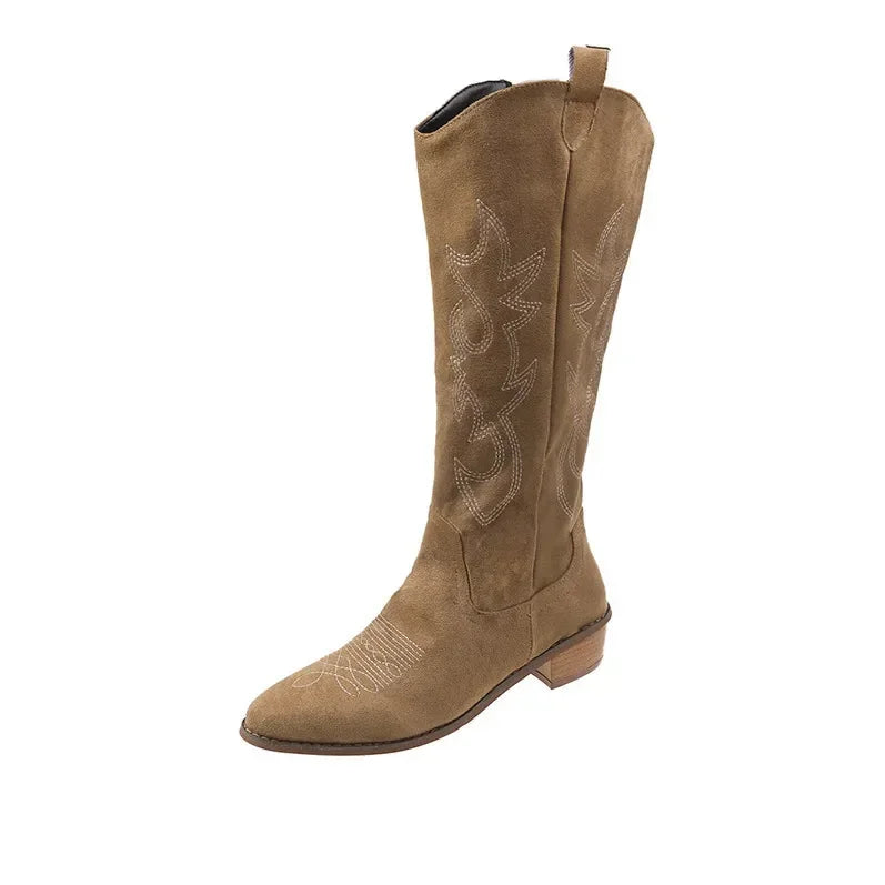 Embroidered Western Cowboy Boots for Women Autumn Pointed Toe Thick Heel High Knee Boots Woman Loose PU Leather Long Botas Mujer