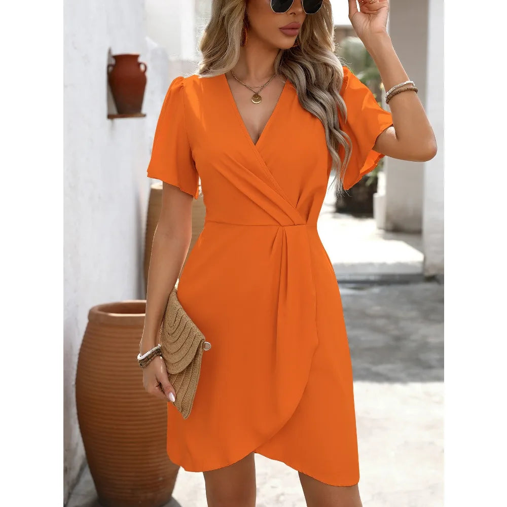 Dresses 2025 Woman Fashion Casual V Collar Ruffle Dress Solid Color Lace Up Elegant Y2k Clothing
