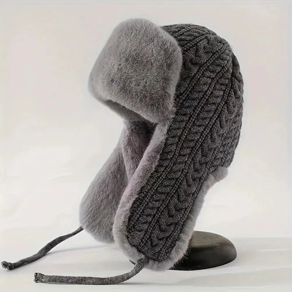 Knitted Bomber Hats for Men Women Warm Russian Ushanka Fur Hat plus Velvet liner Winter Hat Ear Protection Ski Russian Cap