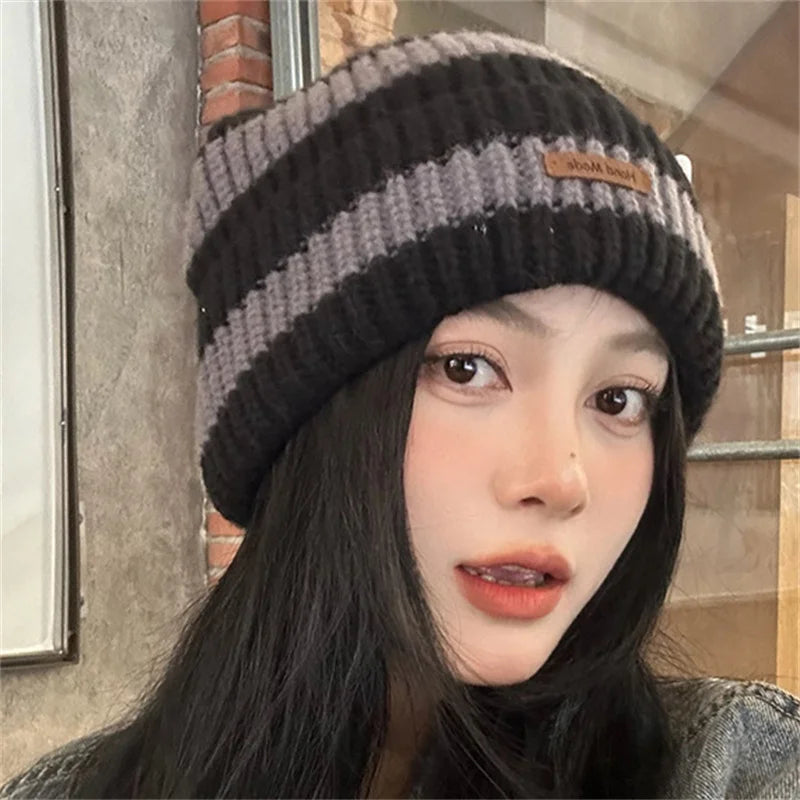 Winter Warm Hats For Women Casual Stacking Knitted Bonnet Caps Men Hats Stripe Hip Hop Unisex Female Beanies