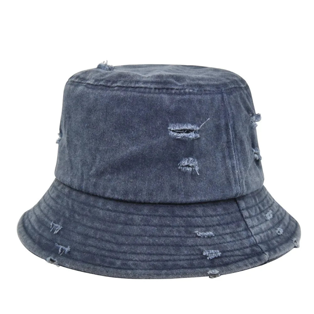 Vintage Distressed Multicolor Bucket Hats Streetwear Unisex Y2K Washed Cotton Fisherman Hat with Rip Holes Unisex Summer Sun Cap