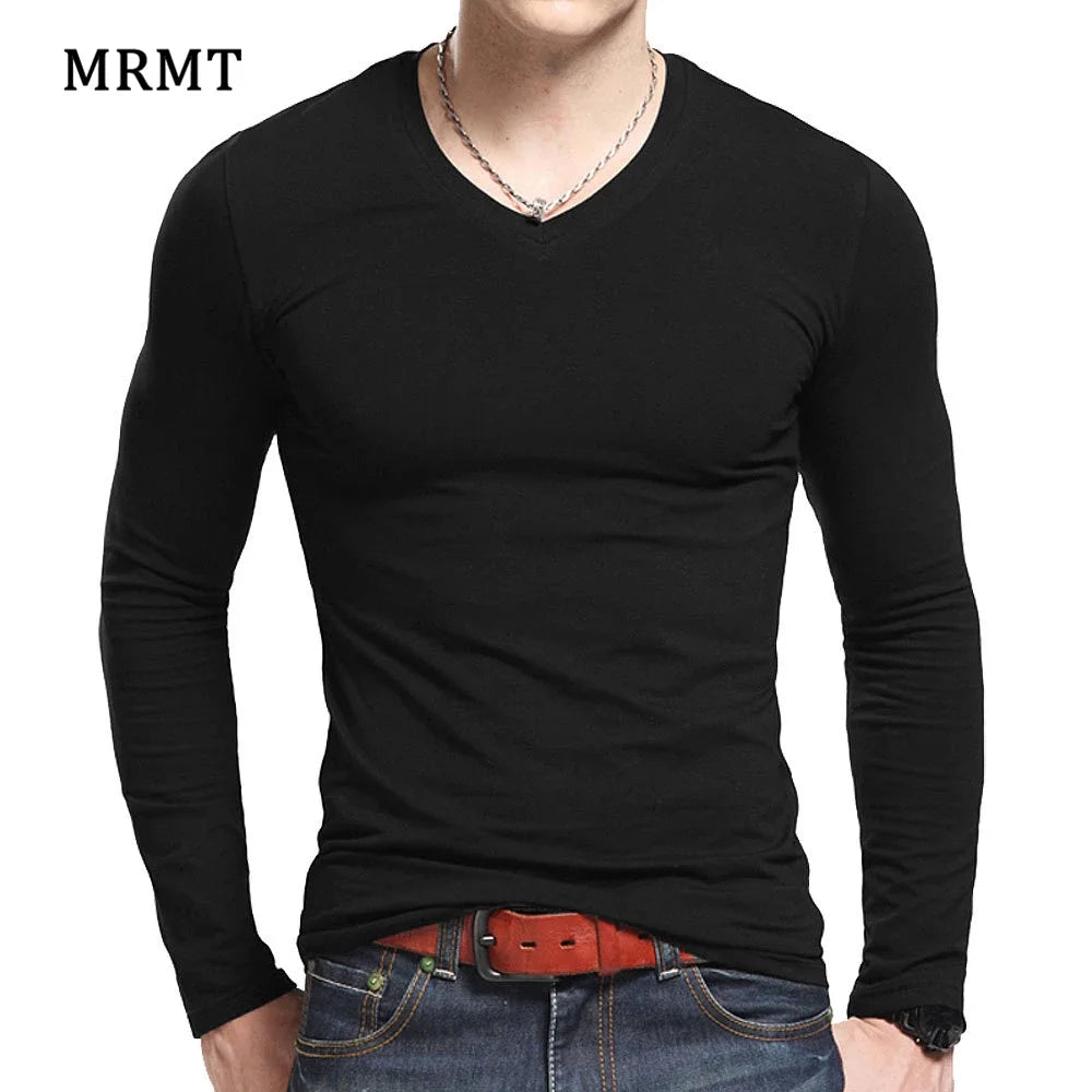 Men's T-Shirts Long Sleeve V Neck T Shirt 2025 MRMT Men Polyester T-Shirt Solid Color Slim Tight Man T Shirt For Male