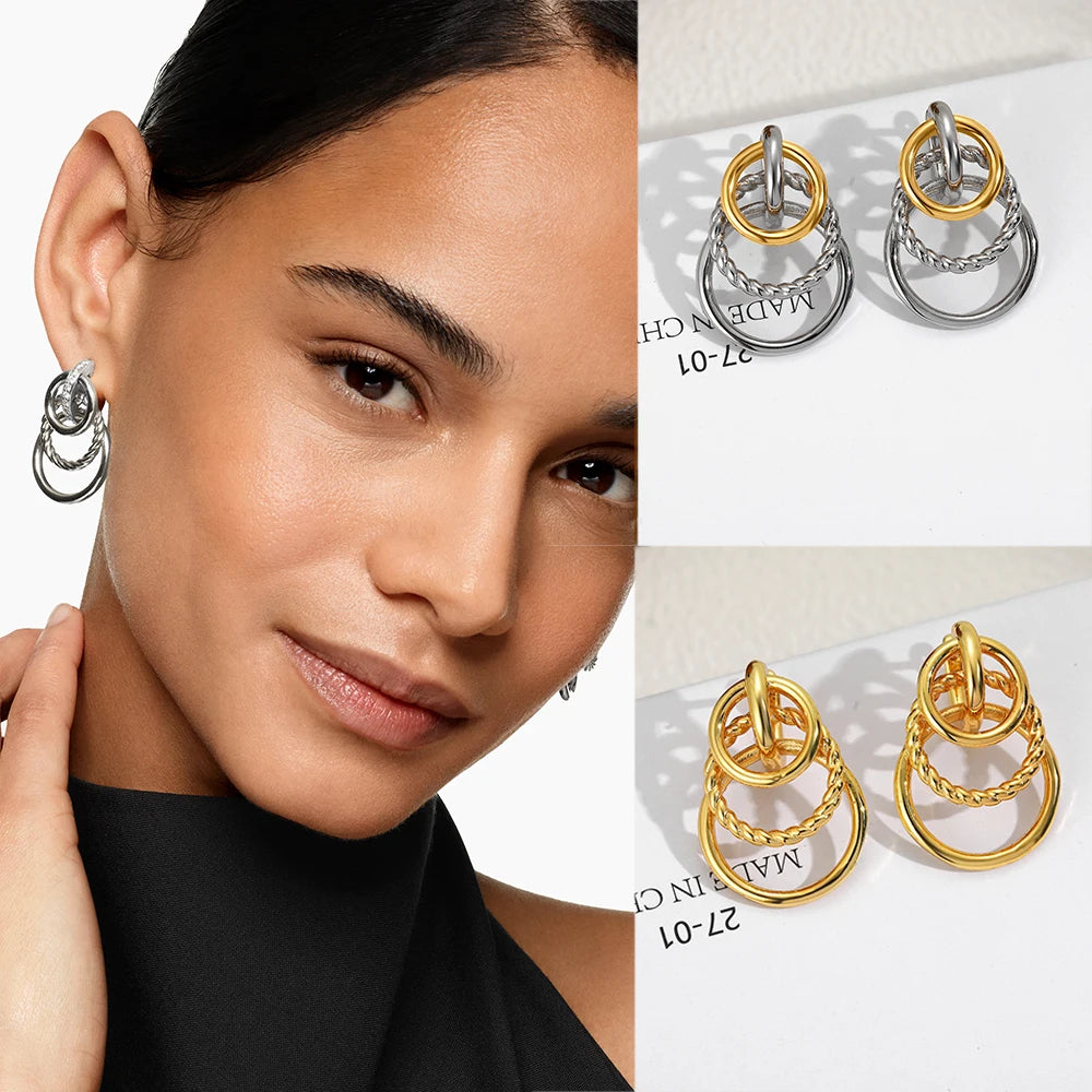 Fashionable Exaggerated Twisted Striped Earrings for Women 18K Metal Three Circular Stainless Steel Charming Jewelry Gift