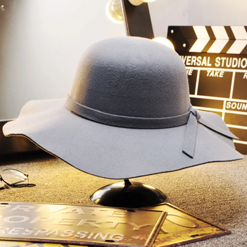 British Style Felt Hats for Women, Big BrimTop Hat, Flat Brim, White Cap for Lady, Autumn and Winter