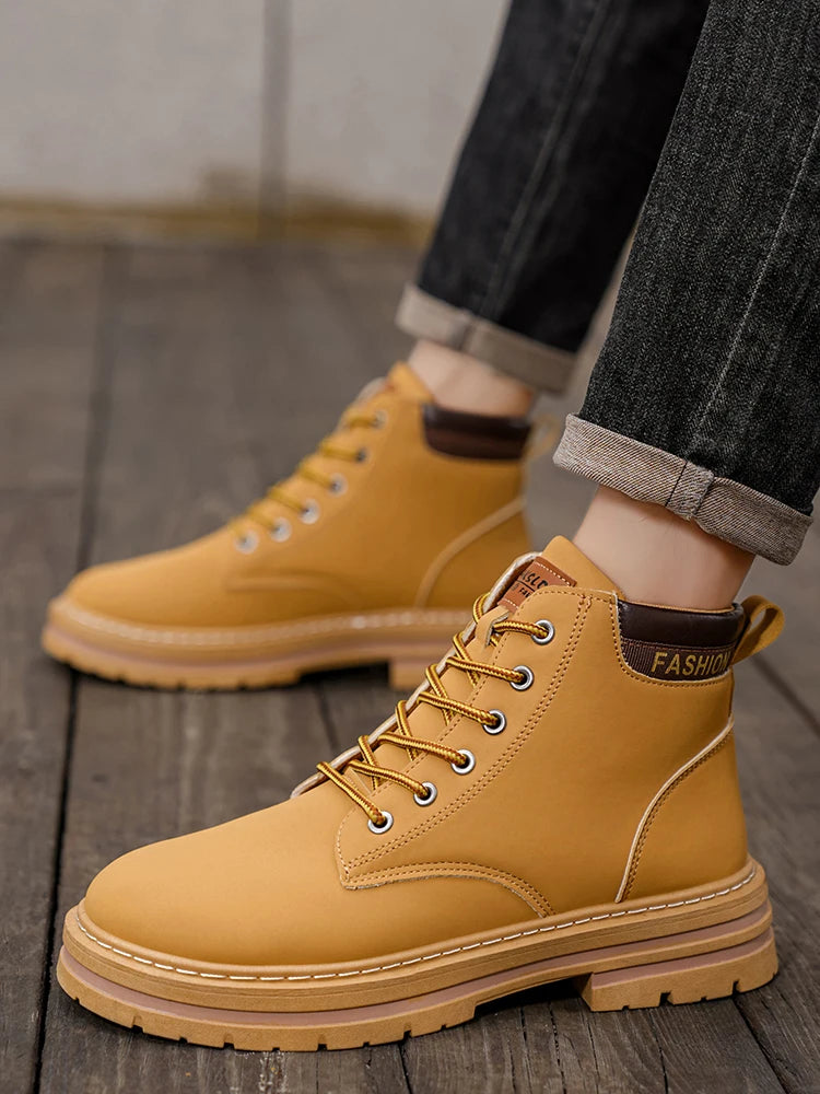 Men's Fashionable High-Top Yellow Boots Casual Shoes Outdoor Off-Road Hiking Boots Trendy Comfortable Footwear