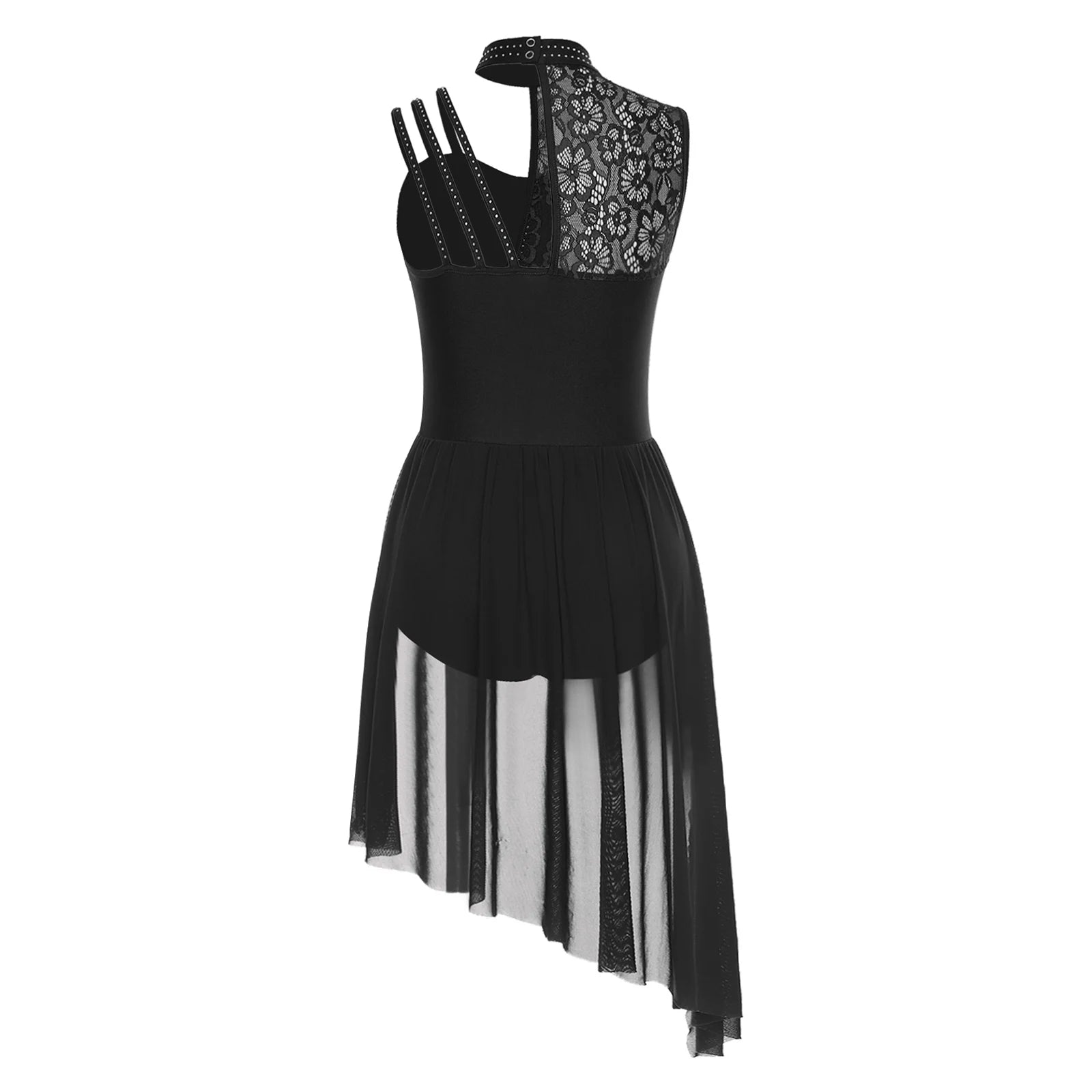 Women Modern Lyrical Dance Performance Costume Floral Lace Rhinestones Leotard Dress for Waltz Latin Cha-cha Ballet Skating