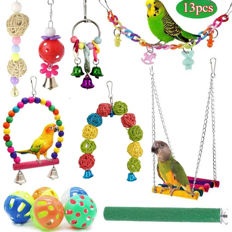 Bird Toy Wood Parrot Toys Set Cage Bird Accessories Swing Suspension Bridge Ball Cage Bells Pet Supplies juguetes para pájaros