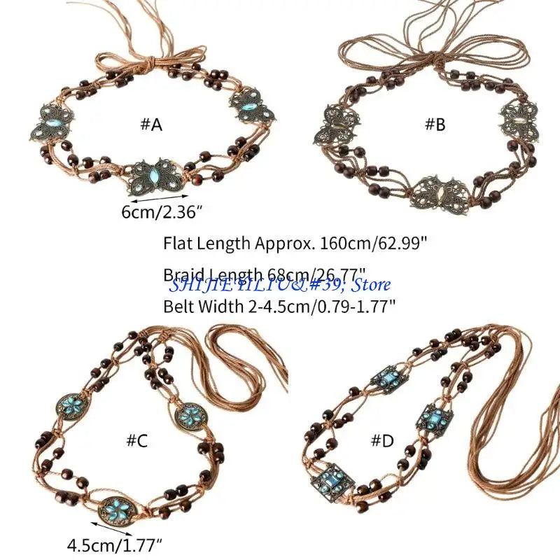 E21F Brown Belt with Beads Butterflies Vintage Tassel Cotton Rope Waist Chain Woven Waist Belts for Dress Party Dance Show