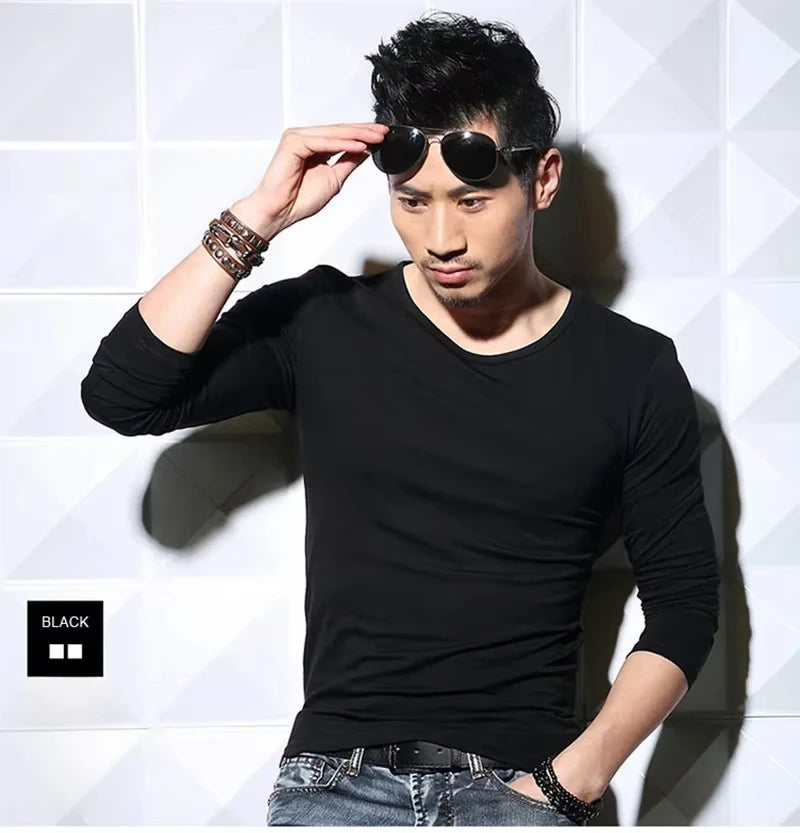 Men's T-Shirts Long Sleeve V Neck T Shirt 2025 MRMT Men Polyester T-Shirt Solid Color Slim Tight Man T Shirt For Male