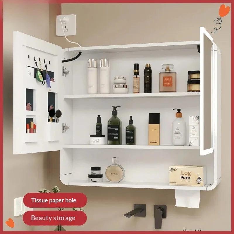 Bathroom Mirror Led Light Wall Mounted Carbon Fiber Curved Rounded Corner Smart Storage Mirror Cabinet Home Furniture Homehold