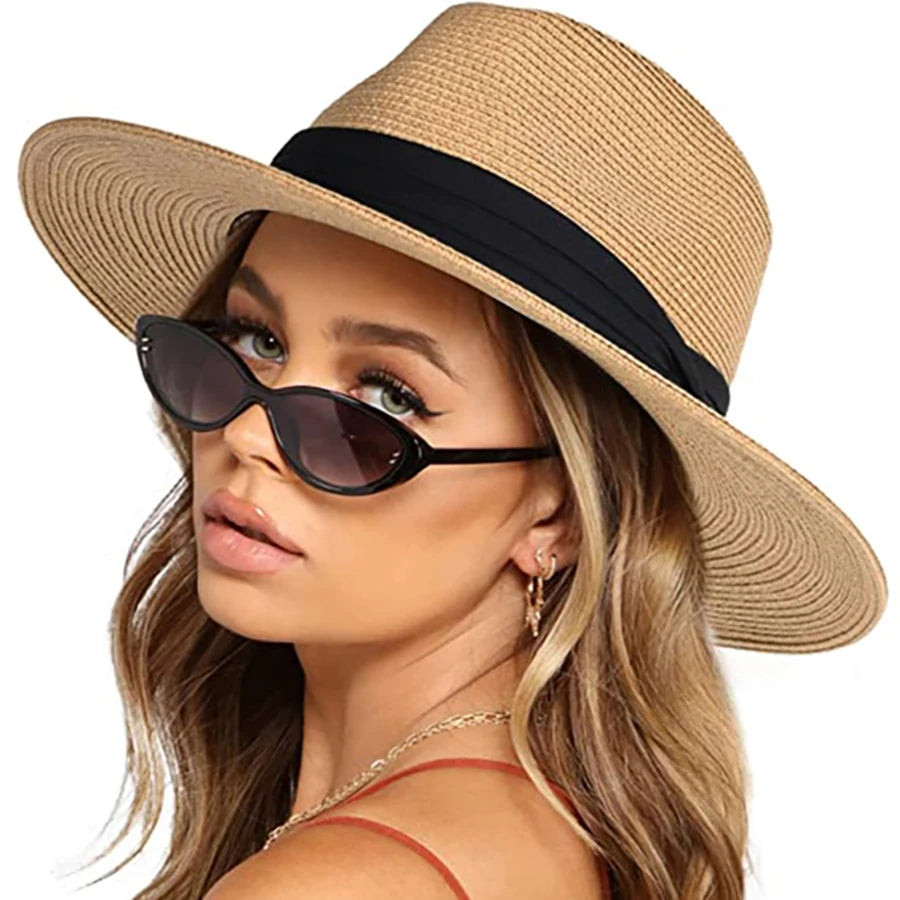 Womens Mens Wide Brim Straw Panama Hat Fedora Summer Beach Sun Hat UPF Straw Hat for Women