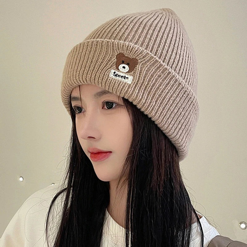 Bear Embroidery Knitted Beanies  Women Autumn Winter Warm Wool Hat Korean Girl Windproof Earmuffs Pullover Cap Bonnet〔CC55〕