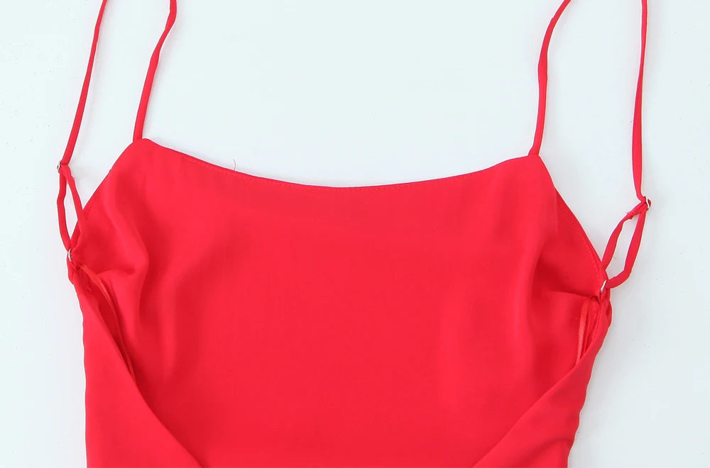 Draped Midi Dress for Women, Straight Neck, Thin Straps, Backless Female Dresses, Chic Fashion