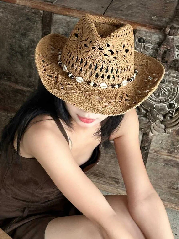 Summer Bohemian Shell Straw Hat Beach Women Men Cowboy Hats Wooden Beads Hollow Out Western Wide Brim Sun Hat Holiday Cap