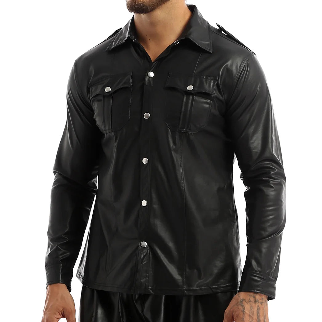 Men's Leather Shirts Long Sleeve Fashion PU Leather Jacket