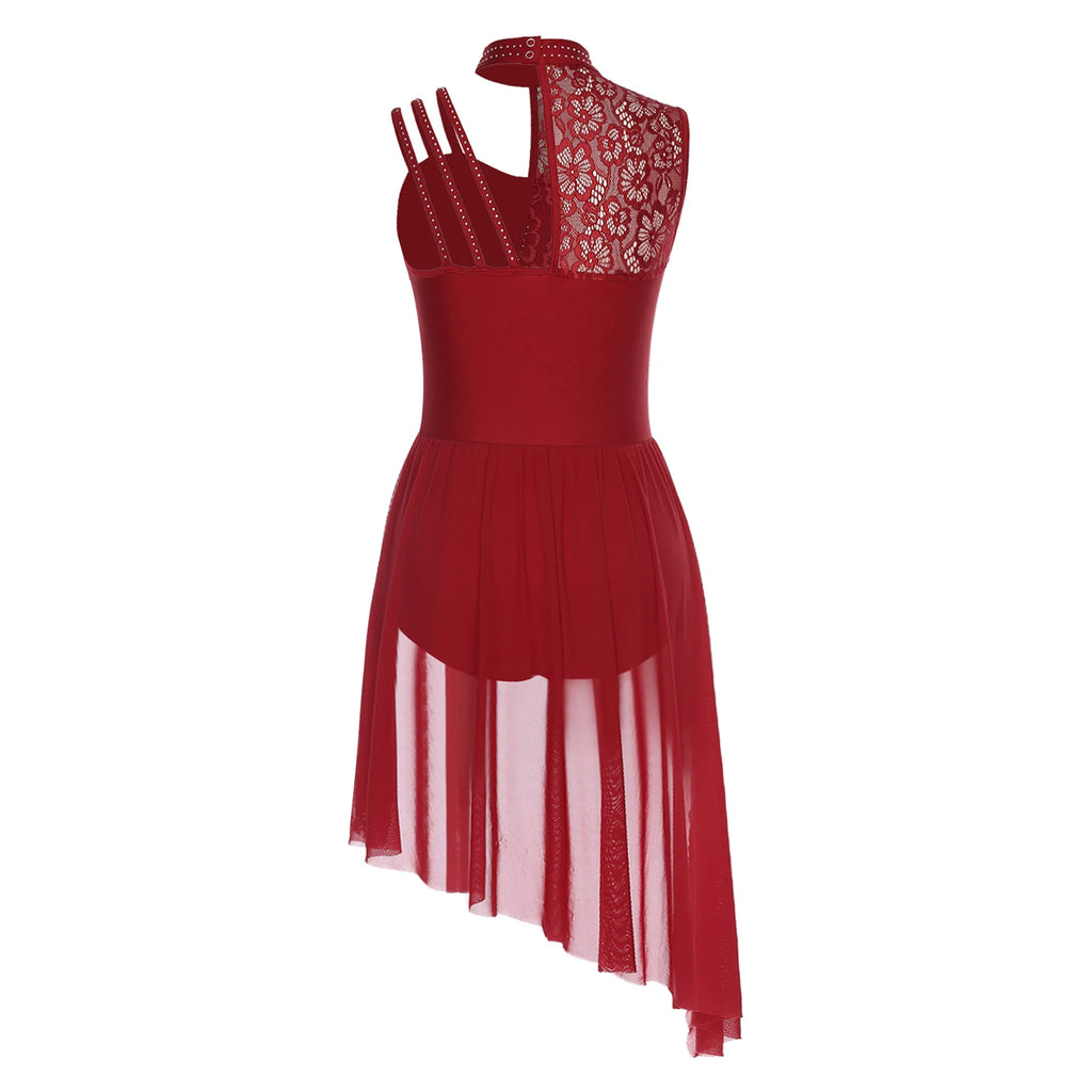 Women Modern Lyrical Dance Performance Costume Floral Lace Rhinestones Leotard Dress for Waltz Latin Cha-cha Ballet Skating