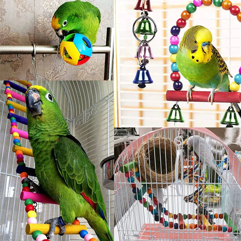 Bird Toy Wood Parrot Toys Set Cage Bird Accessories Swing Suspension Bridge Ball Cage Bells Pet Supplies juguetes para pájaros