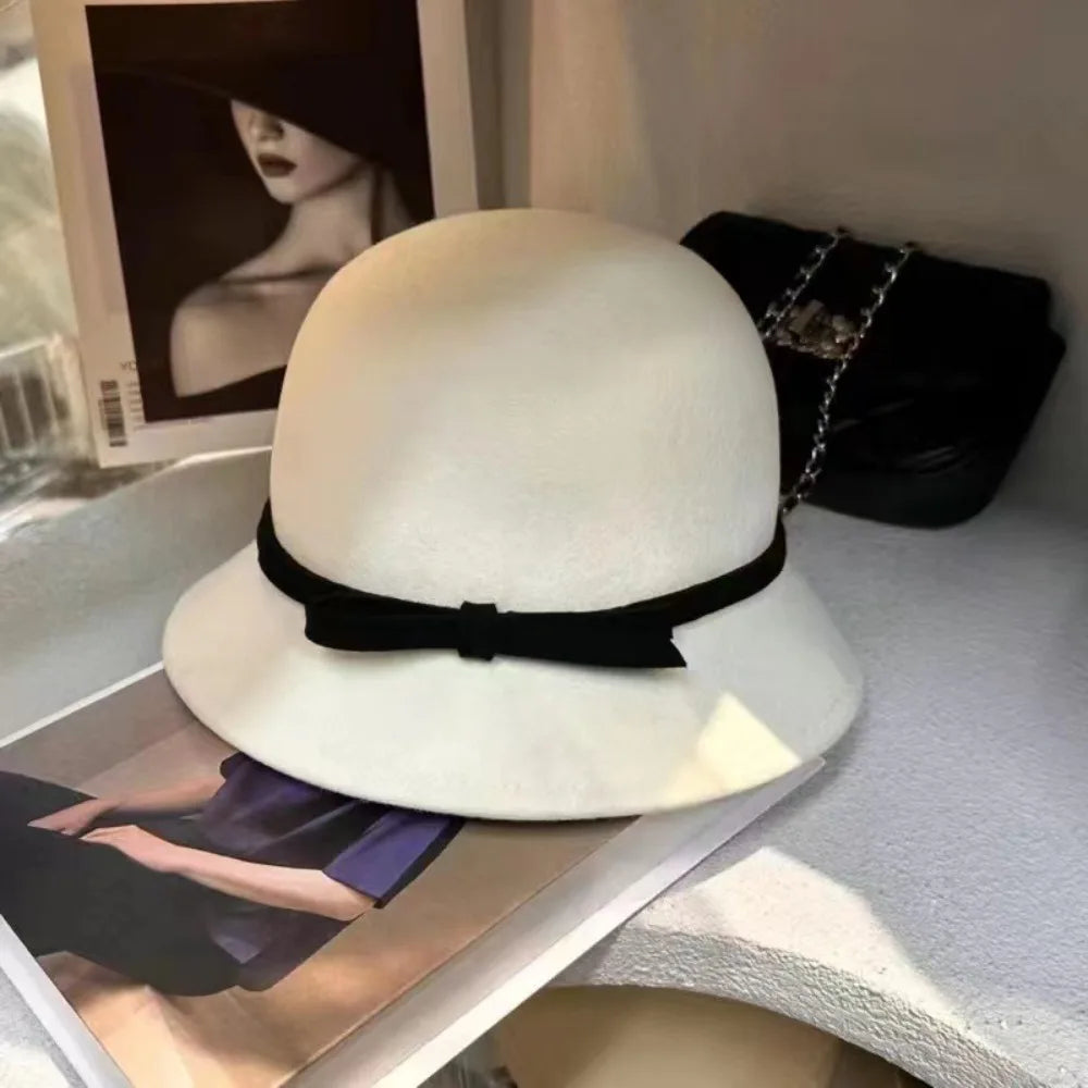 Casual Hepburnesque Felt Formal Hat Panama Cap British Style Bowknot Bucket Hat Wealthy Heiress Style Outdoor