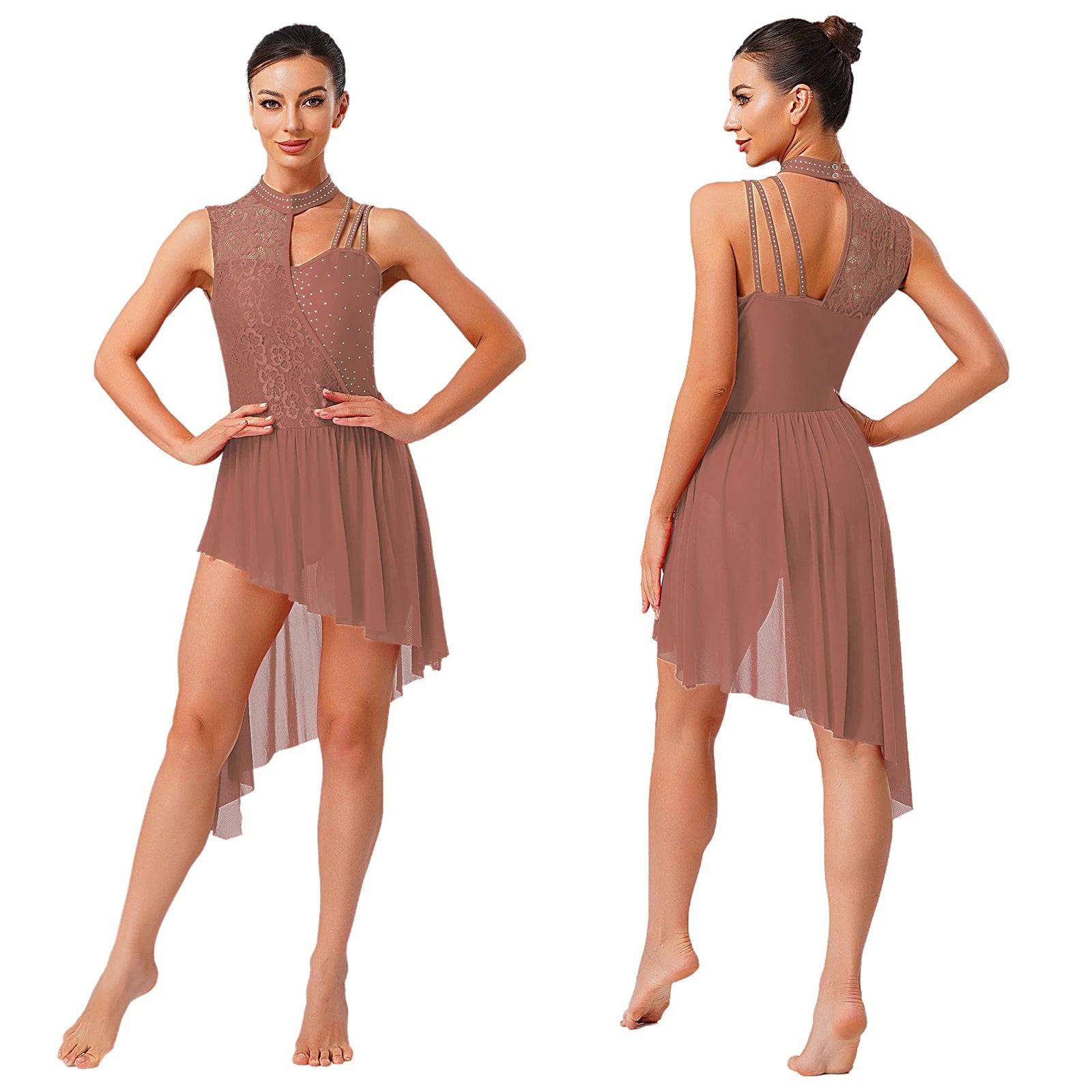 Women Modern Lyrical Dance Performance Costume Floral Lace Rhinestones Leotard Dress for Waltz Latin Cha-cha Ballet Skating