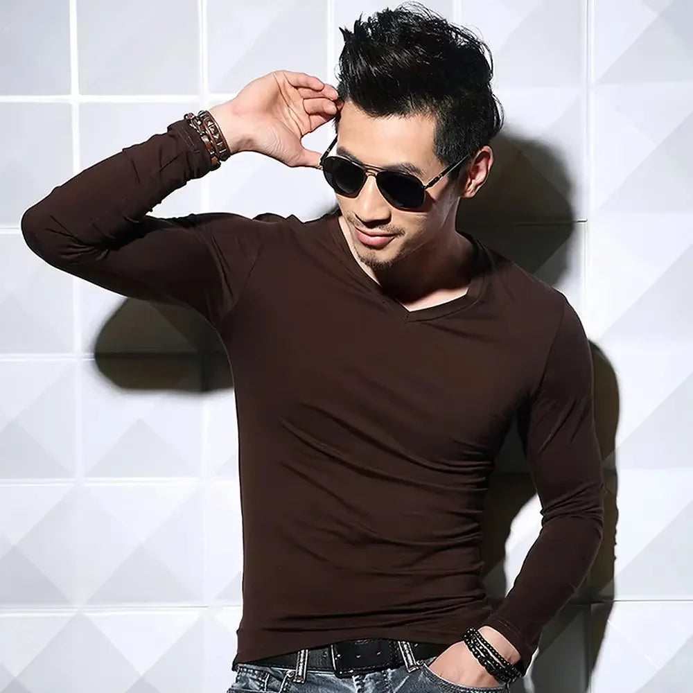 Men's T-Shirts Long Sleeve V Neck T Shirt 2025 MRMT Men Polyester T-Shirt Solid Color Slim Tight Man T Shirt For Male