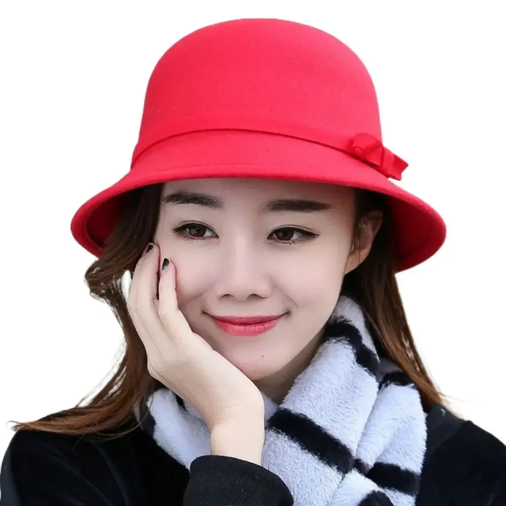 Brim Bowler Fedora Hats Elegant Women Vintage Retro Hat Wool Felt Bucket Cap Church Bowler Cloche Hats Autumn Winter Warm Hat