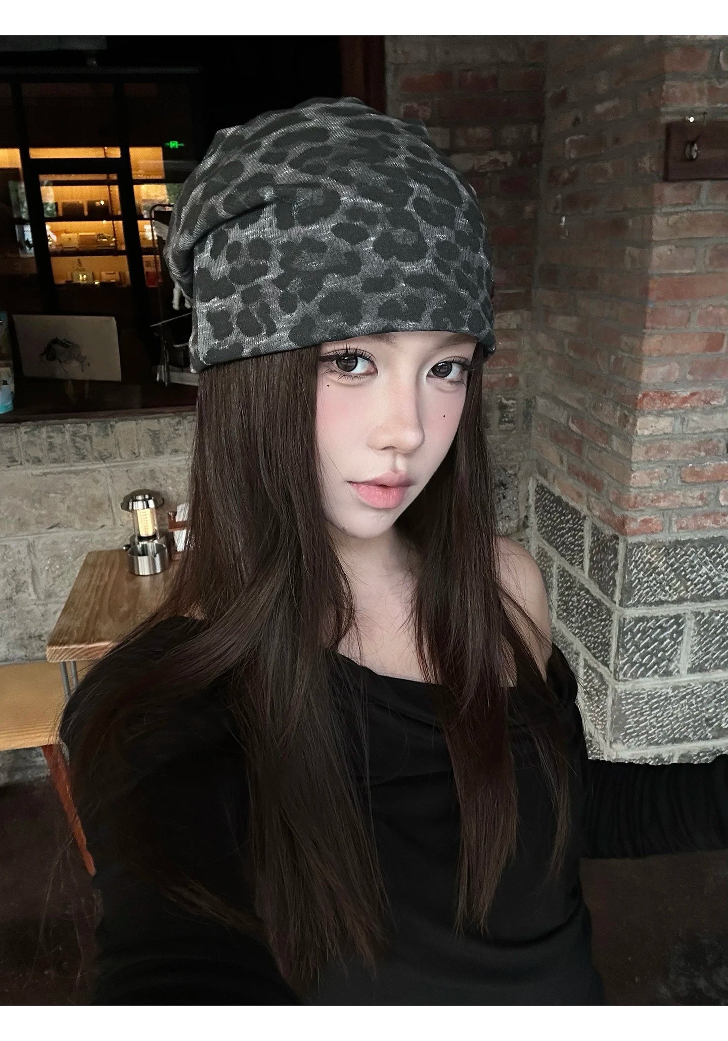Y2K Retro Leopard Print Patch Beanies for Women Spring and Autumn Travel Casual Versatile Show Face Small Elegant Pullover Hat