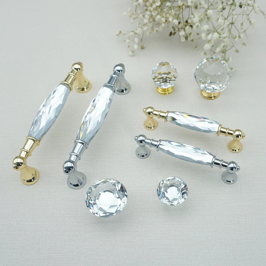 Luxury Gold Chrome Cabinet Handles – Modern Zinc Alloy and Crystal Glass Drawer Knobs for Wardrobes and Dressers
