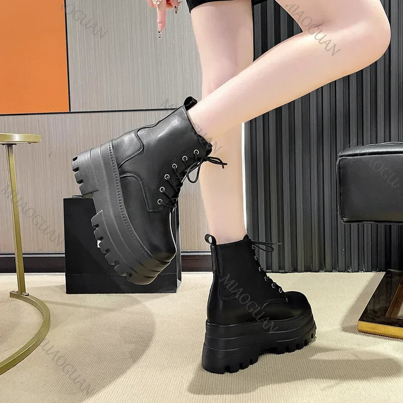 2025 Short Boots for Women Thick Bottom Casual Black White Ankle Boots Spring Autumn Platform Women Shoe 12cm High Heels Botines