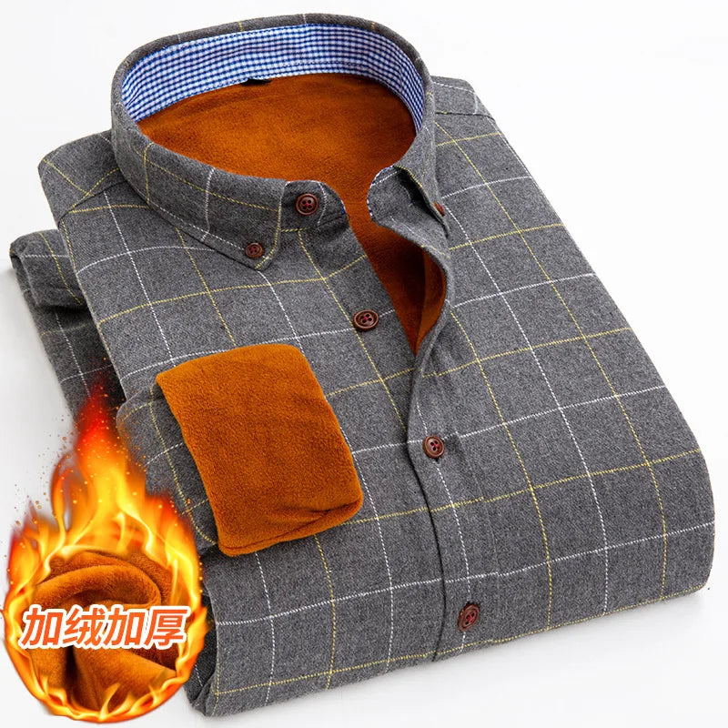Longsleeve Shirts for Men 2025 Autumn Winter New Warm Plus Velvet Thick Cotton Lapel Casual Plaid Shirts Brand Mens Clothing