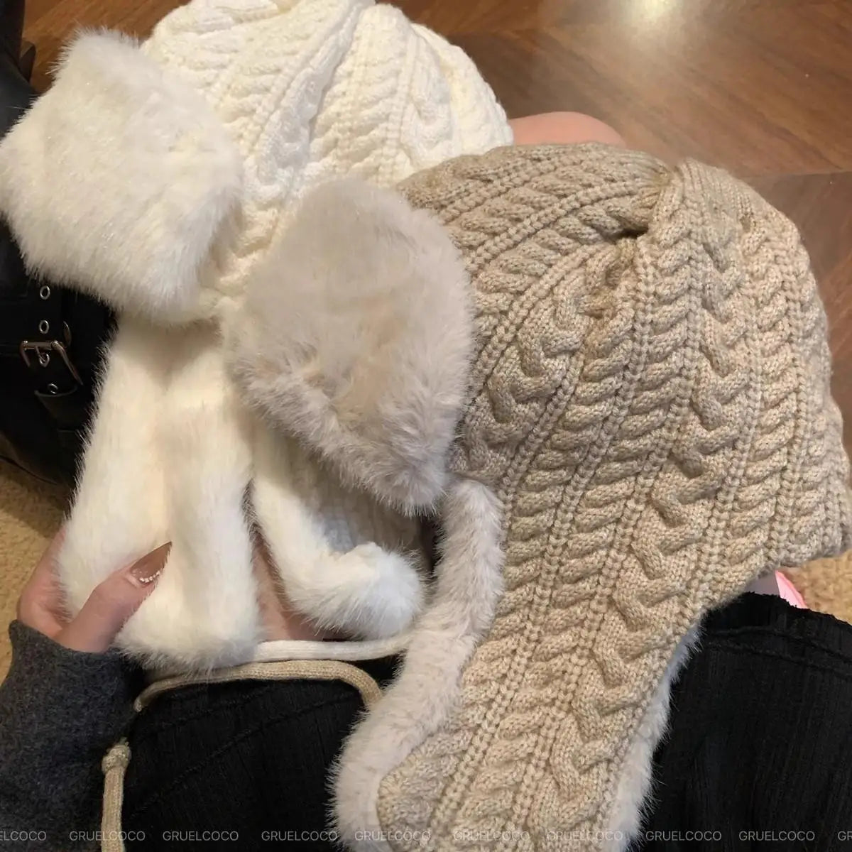 Knitted Bomber Hats for Men Women Warm Russian Ushanka Fur Hat plus Velvet liner Winter Hat Ear Protection Ski Russian Cap