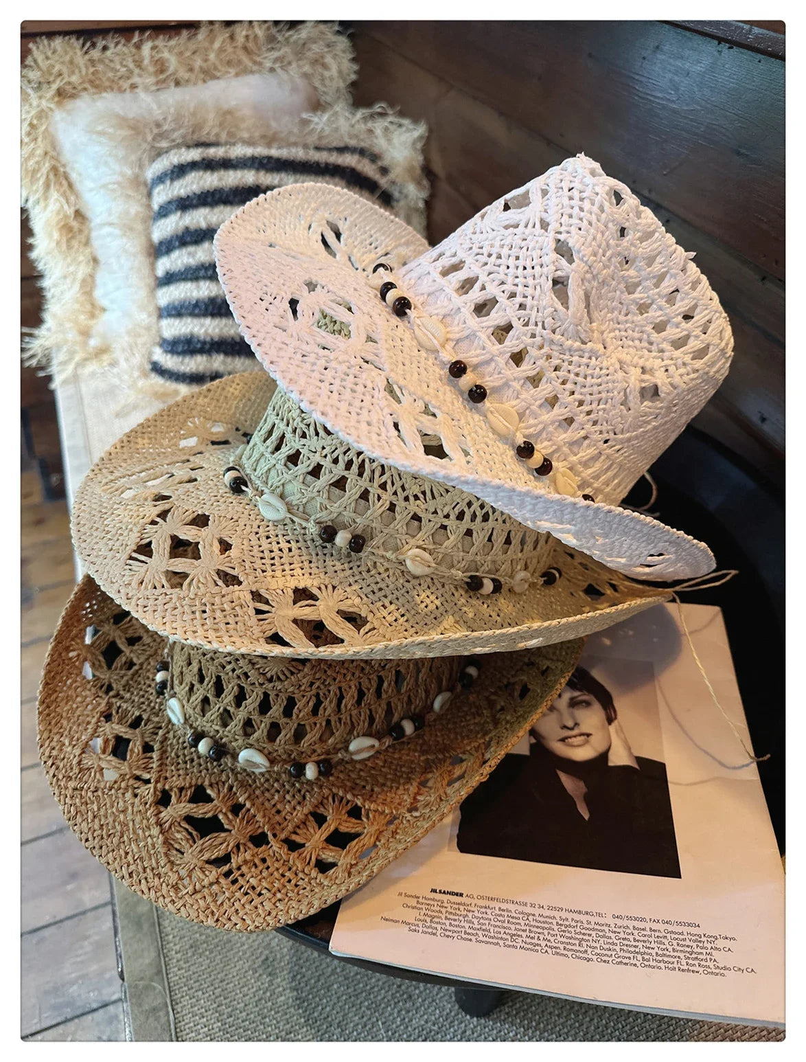 Summer Bohemian Shell Straw Hat Beach Women Men Cowboy Hats Wooden Beads Hollow Out Western Wide Brim Sun Hat Holiday Cap