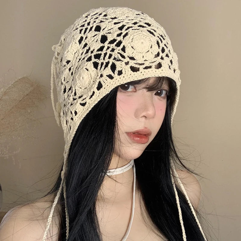 Handmade Hollowed Flower Fringed Knitted Hats for Women Spring and Summer Travel Photo Versatile Casual Retro Beanies Cap