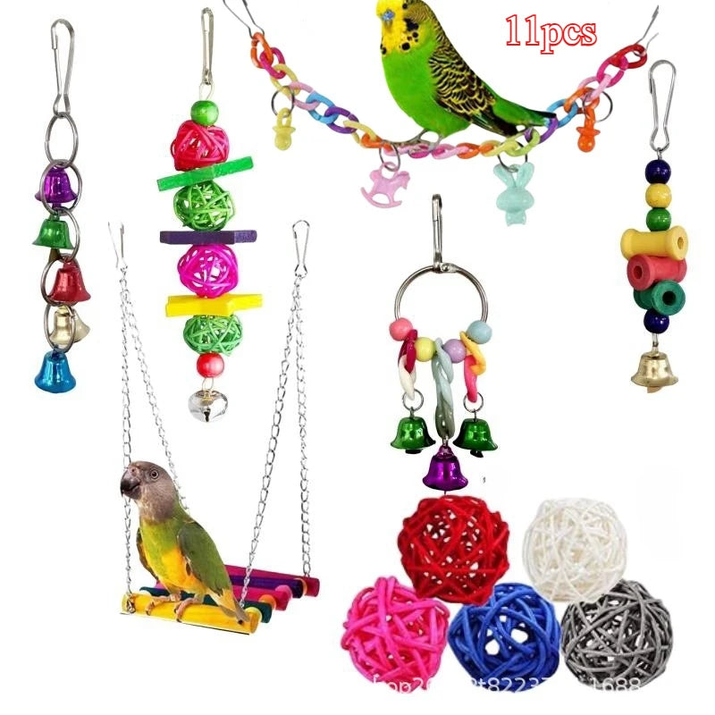 Bird Toy Wood Parrot Toys Set Cage Bird Accessories Swing Suspension Bridge Ball Cage Bells Pet Supplies juguetes para pájaros