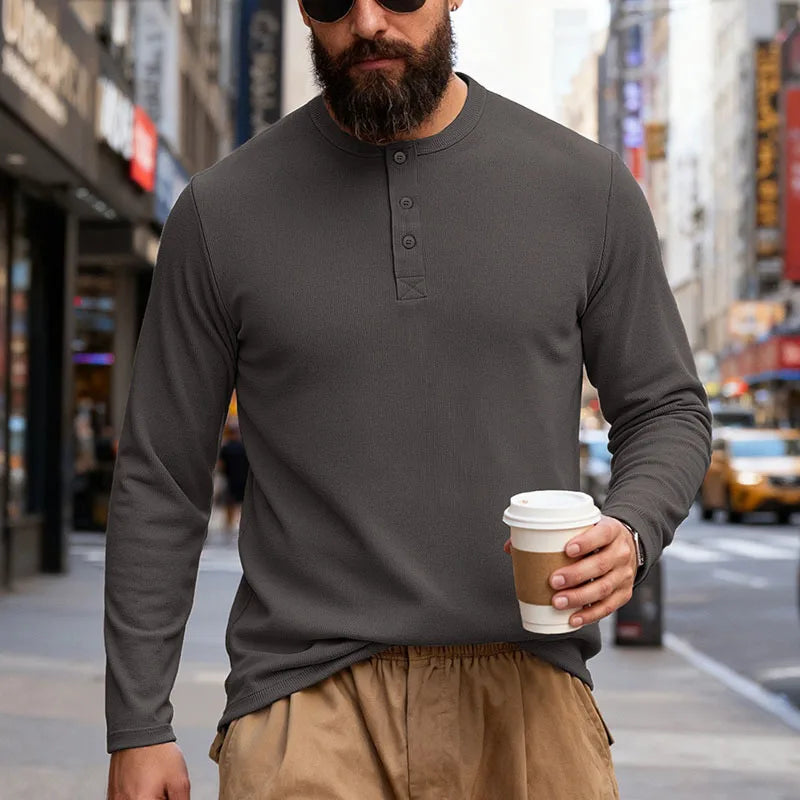 2025 NEW Men's Long Sleeve Henley Shirts Spring Autumn Daily Casual Solid Color Pullover Tops Mens Fashion T Shirt