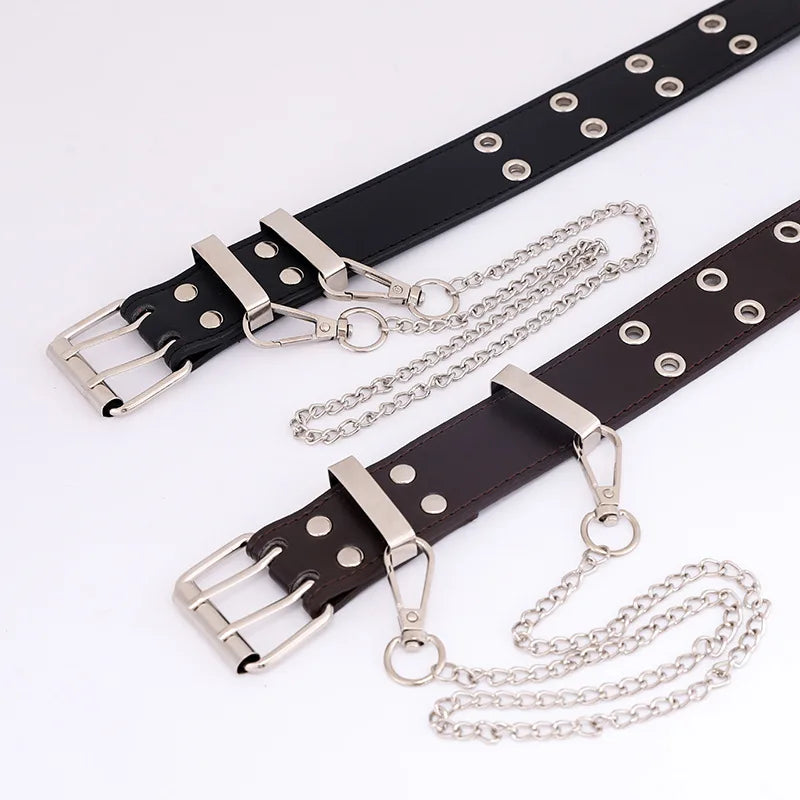 Women Double Ring Belts Double Hole Eyelet Grommet Leather Buckle Punk Pin Belt Leisure Dress Jeans Gothic Waistband