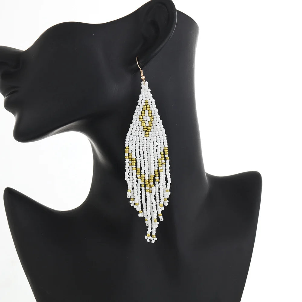 Hanging Earrings Jewelry For Women Handmade Colorful Beaded Tassel Long Earrings Bohemian Vacation Style Earrings Jewelry