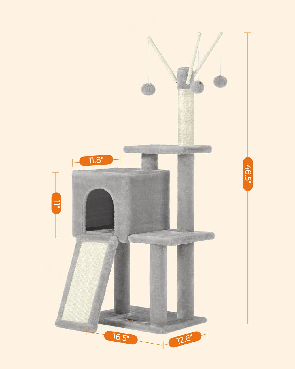 Feandrea Cat Tree, 46.5-Inch Cat Tower for Indoor Cats, Multi-Level Plush Cat Condo, Scratching Post, Ramp